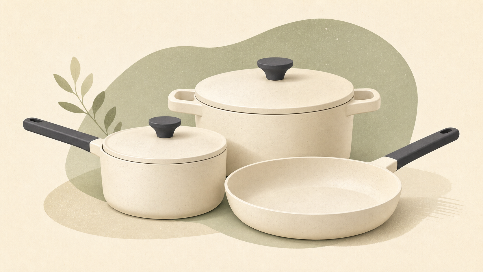 Anonymous illustration of a cream ceramic cookware set